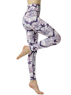 FLYILY Damen Hohe Taille Leggings Training Tights Yoga Hosen Blickdichte Frauen Laufhose(3-PurpleFlower,S) von FLYILY