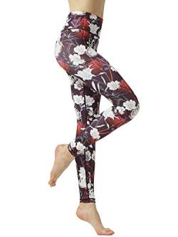 FLYILY Damen Hohe Taille Leggings Training Tights Yoga Hosen Blickdichte Frauen Laufhose(4-WhiteFlower,L) von FLYILY