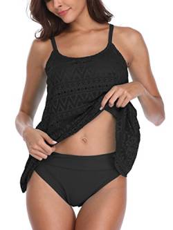 FLYILY Damen Streifen Tankini Sets Bikini Mesh Bademode Badeanzug Bademode(Black,2XL) von FLYILY