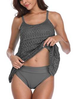 FLYILY Damen Streifen Tankini Sets Bikini Mesh Bademode Badeanzug Bademode(Grey,3XL) von FLYILY