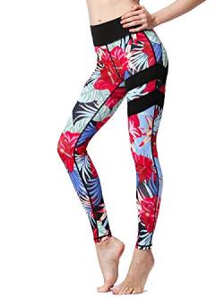 FLYILY Damen Yoga Leggins Frauen High Waist Prägedruck Slim Fit Fitnesshose Lange Sportleggins Stretchhose(4-RedFlower,S) von FLYILY