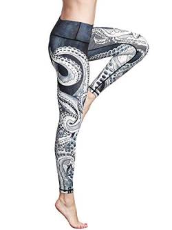 FLYILY Damen Yoga Leggins Frauen High Waist Prägedruck Slim Fit Fitnesshose Lange Sportleggins Stretchhose(6-Octopus,XL) von FLYILY