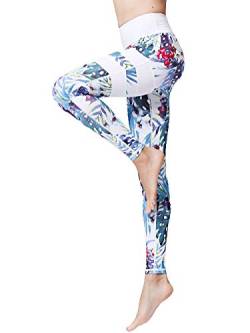 FLYILY Damen Yoga Leggins Frauen High Waist Prägedruck Slim Fit Fitnesshose Lange Sportleggins Stretchhose(WhiteLeaf,L) von FLYILY