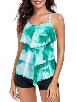 FLYILY Damen Zwei Stücke Tankini Rüschen Volant Geschichtet Bademode mit Boy Legs Shorts Rüschen Große Größen Bademode Badeanzug(GreenBlack,L) von FLYILY