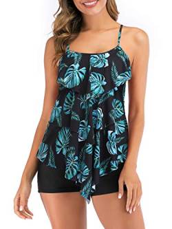 FLYILY Damen Zwei Stücke Tankini Rüschen Volant Geschichtet Bademode mit Boy Legs Shorts Rüschen Große Größen Bademode Badeanzug(Greenleaf,XL) von FLYILY