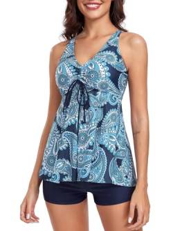 FLYILY Damen Zweiteilig Badeanzug Vorner Schnüren Racerback Bademode Plus Größe Tankini Set mit Boyshort(Blueprint,XL) von FLYILY