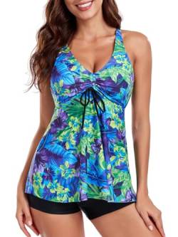 FLYILY Damen Zweiteilig Badeanzug Vorner Schnüren Racerback Bademode Plus Größe Tankini Set mit Boyshort(PurpleFlower,M) von FLYILY