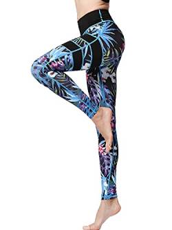 FLYILY Frauen Yoga Pants Gedruckt hohe Taillen-Power Flex Capris Workout Gamaschen für Fitness Laufen(BlackLeaf,L) von FLYILY