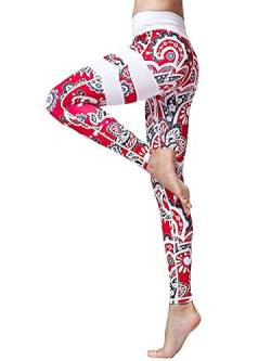 FLYILY Frauen Yoga Pants Gedruckt hohe Taillen-Power Flex Capris Workout Gamaschen für Fitness Laufen(Red,M) von FLYILY