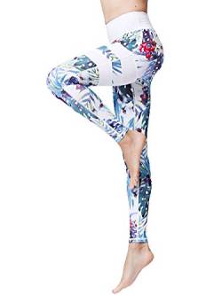 FLYILY Frauen Yoga Pants Gedruckt hohe Taillen-Power Flex Capris Workout Gamaschen für Fitness Laufen(WhiteLeaf,S) von FLYILY