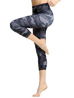 FLYILY Sporthose Damen Capri Yogahosen für Damen Elastische Tummy Control Yogahose Training Tights Yoga Hosen 3/4 Sporthose Laufhose(BlackCamouflage,L) von FLYILY