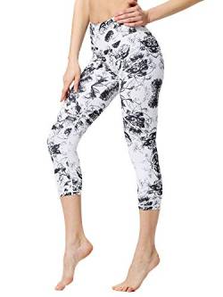 FLYILY Sporthose Damen Capri Yogahosen für Damen Elastische Tummy Control Yogahose Training Tights Yoga Hosen 3/4 Sporthose Laufhose(WhiteFlower,L) von FLYILY