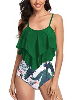 FLYILY Tankini High Waist Damen Zweiteiliger Bikini Set Badeanzug Rüschen Bedruckt Bademode mit Hoher Taille Bikinihose Tankini Oberteil Strandkleidung(3-Green,S) von FLYILY