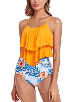 FLYILY Tankini High Waist Damen Zweiteiliger Bikini Set Badeanzug Rüschen Bedruckt Bademode mit Hoher Taille Bikinihose Tankini Oberteil Strandkleidung(4-Orange,L) von FLYILY