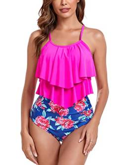 FLYILY Tankini High Waist Damen Zweiteiliger Bikini Set Badeanzug Rüschen Bedruckt Bademode mit Hoher Taille Bikinihose Tankini Oberteil Strandkleidung(4-Rosered,S) von FLYILY