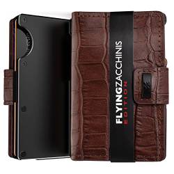 Flying ZACCHINIS 3in1 Slim Wallet mit Münzfach, AirtTag Kreditkartenetui aus Echtleder und Alumimum mit RFID Schutz, Kartenetui für Herren Carbon Design (ohne AirTag Halter, Kroko braun) von FLYINGZACCHINIS