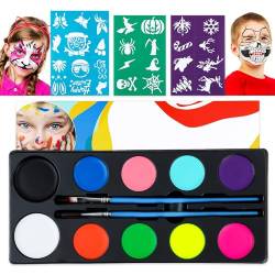 Bodypainting Farben, Wasservermalbar Kinderschminke Fasching, Größere 10 Farben mit 2 Pinseln 28 Schablonen Schminkfarben für Halloween Karneval, Auf Wasserbasis & Ungiftig von FLYISH DIRECT