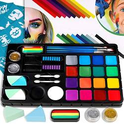 Bodypainting Schminke & Gesicht Farben Kinder Schminke Fasching Make-up Palette-Safe & ungiftig Easy Wash, 18 Farben 28 Schablonen mit 4 Pinsel für Maskerade Halloween, Karneval, Weihnachten von FLYISH DIRECT