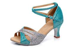 Lateinamerikanische Schuhe für Frauen mit Knöchelriemen 5cm Dekoration Glitter Tango Jazz Rumba Outdoor (Grüner, Numeric_42) von FM2018XSL
