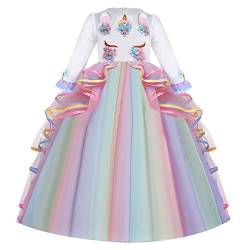 FMYFWY Einhorn Kostüm für Mädchen Geburtstag Festzug Party Kleid Karneval Cosplay Verkleidung Up Halloween Weihnachten Langarm Maxi Tüll Hochzeit Ballkleid, Mehrfarbig, 152 von FMYFWY