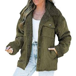 2023 Neu Winterjacke Damen Knopf Reverkragen Große Größen Cordjacke mit Fleece Gefüttert (Green, L) von FNKDOR