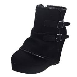 Damen Jugendlich Herbst Winter Stiefeletten Retro-Schnalle Damen Stiefeletten mit rundem Riemen, Farbe, kurze Keilschuhe, feste Zehen, warme Damenstiefel von FNKDOR