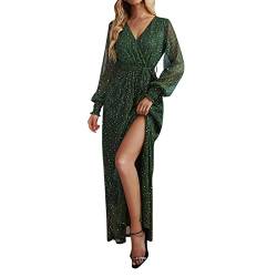 FNKDOR 2023 Abendkleider Elegant Lang Damen V-Ausschnitt Puffärmel Glitzer Pailletten Strasssteine Schlitz Ballkleider mit Gürtel (Green, XL) von FNKDOR