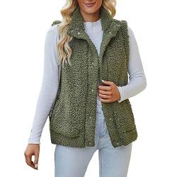 FNKDOR 2023 Herbst und Winter Weste Damen Stehkragen Fleeceweste Flauschige Teddy Weste Plüsch Waistcoat (Green, L) von FNKDOR