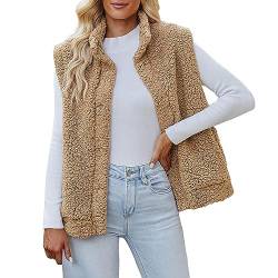 FNKDOR 2023 Herbst und Winter Weste Damen Stehkragen Fleeceweste Flauschige Teddy Weste Plüsch Waistcoat (Khaki, XL) von FNKDOR