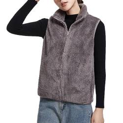 FNKDOR 2023 Herbst und Winter Weste Damen Zip up Stehkragen Fleeceweste Flauschige Teddy Weste Plüsch Waistcoat (Grey, M) von FNKDOR