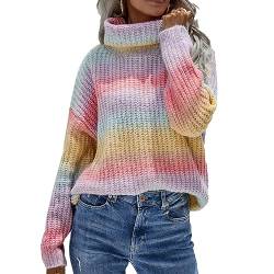 FNKDOR 2023 Pullover Damen Herbst Winter Pullis Farbverlauf Gestreift Strickpullover Rollkragenpullover (Pink, S) von FNKDOR
