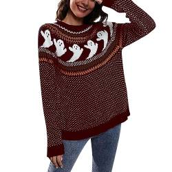 FNKDOR 2023 Pullover Damen Herbst Winter Pullis Norwegerpullover Halloween Geist Jacquard Strickpullover (Wine, M) von FNKDOR