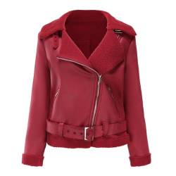 FNKDOR 2023 Winterjacke Damen Große Größen Zip up Teddyfutter Bikerjacke Kurz Kunstlederjacke Reverskragen Fellkante Gürtel Cabanjacke (Red, L) von FNKDOR