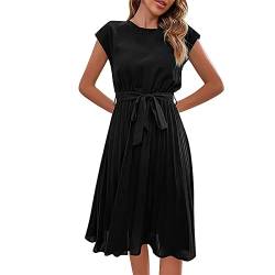 FNKDOR 2024 Sommerkleid Damen Elegant Knielang Plisseekleid Business Midikleid mit Gürtel (Black, XL) von FNKDOR