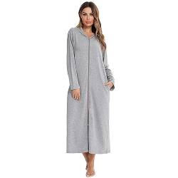 FNKDOR Bademantel Damen Morgenmantel Lang Baumwolle Hausmantel Pyjamas mit Reißverschluss und Kapuze (GY1, M) von FNKDOR