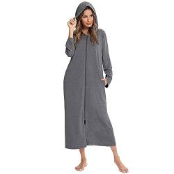 FNKDOR Bademantel Damen Morgenmantel Lang Baumwolle Hausmantel Pyjamas mit Reißverschluss und Kapuze (GY2, M) von FNKDOR