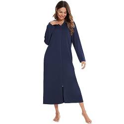 FNKDOR Bademantel Damen Morgenmantel Lang Baumwolle Hausmantel Pyjamas mit Reißverschluss und Kapuze (Navy, XXL) von FNKDOR