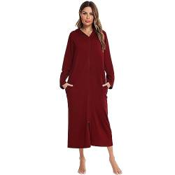 FNKDOR Bademantel Damen Morgenmantel Lang Baumwolle Hausmantel Pyjamas mit Reißverschluss und Kapuze (Red, L) von FNKDOR