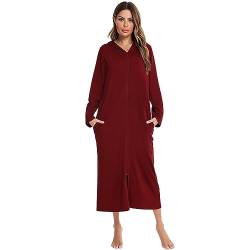 FNKDOR Bademantel Damen Morgenmantel Lang Baumwolle Hausmantel Pyjamas mit Reißverschluss und Kapuze (Red, S) von FNKDOR