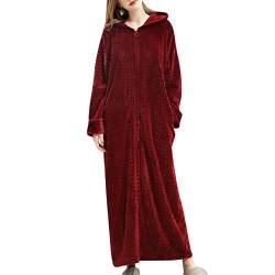 FNKDOR Bademantel Damen Morgenmantel Zopfmuster Weicher Velour Flauschiger Bodenlang Hausmantel mit Reißverschluss und Kapuze (Wine, M) von FNKDOR