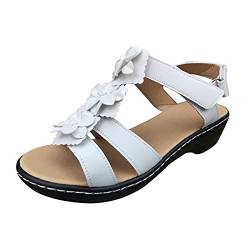 FNKDOR Blumen Sandalen Damen mit Absatz Sommer Weichleder Boho Römersandalen mit Klettverschluss und Slingback Weiß 38 von FNKDOR