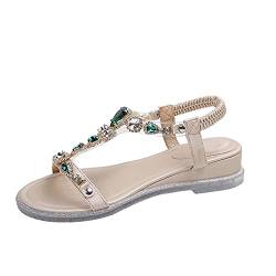 FNKDOR Boho T-spangen Strass Sandalen Damen mit Absatz Sommer Glitzer Slingback Sandaletten Grün 40 von FNKDOR