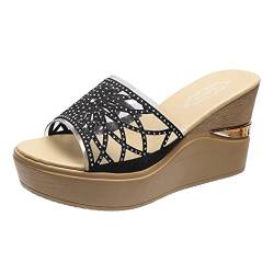 FNKDOR Damen Plateau Keilabsatz Peep-Toe Pantoletten Sommer Strasssteine Glitzer Transparent Elegant Mules Hausschuhe (Black, 39) von FNKDOR