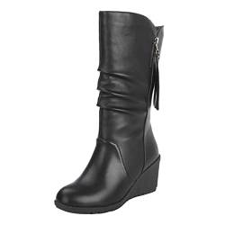 FNKDOR Elegant Stiefel Mode Damen warm halten Keile Kunstleder Reißverschluss mittlere Wadenstiefel runde Zehenschuhe von FNKDOR