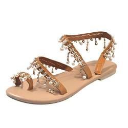 FNKDOR Flach Sandalen Damen Sommer Elegant Perlen oder Blumen Clip Toe Boho Römersandalen Weiß#4 38 von FNKDOR