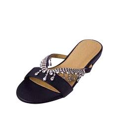 FNKDOR Fransen Strass Hausschuhe Damen Pantoletten Elegant Flache Sommer Schuhe Damen Slippers Schwarz 38 von FNKDOR