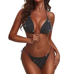 FNKDOR High Waist Triangel Bikini Damen Set Sexy Push up Neckholder Zweiteiliger Badeanzug Rippen Glitzer Lace Up Swimsuit High Cut Tanga Bademode von FNKDOR