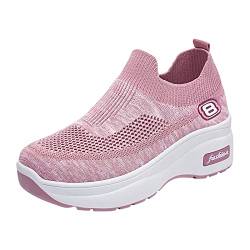 FNKDOR Ohne Schnürsenkel Keilabsatz Sneaker Damen Plateau Turnschuhe Schlupfschuhe Atmungsaktiv Slip On Sportschuhe (Pink, 36) von FNKDOR