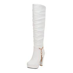 FNKDOR Perlen Fransen Overknees Stiefel Damen Sexy mit Hohem Absatz Leder Elegant Schlupfstiefel Langschaftstiefel Weiß 41 von FNKDOR