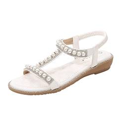 FNKDOR Perlen Strass Flach Sandalen Damen mit Absatz Comfort T-spangen Slingback Boho Sandaletten Weiß 39 von FNKDOR